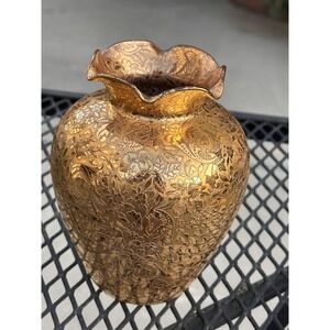 Vintage Lotus Glass Co. 22 Karat Gold Overlay Ruffle Top Gilded Vase 4.5" tall